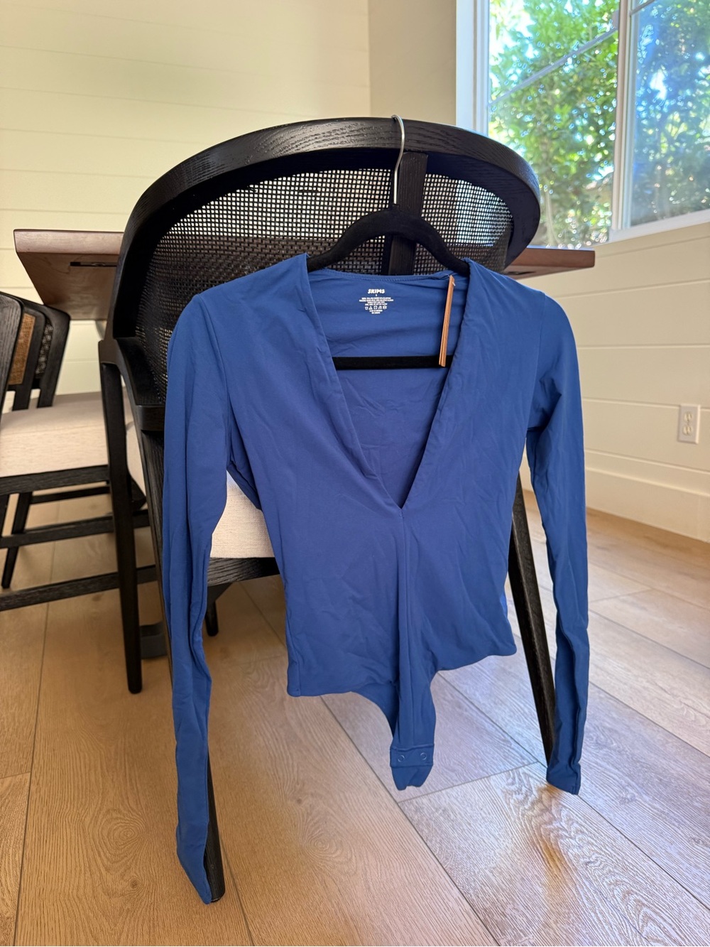 SKIMS Fits Everybody Long-Sleeve Deep V Bodysuit in Royal Blue